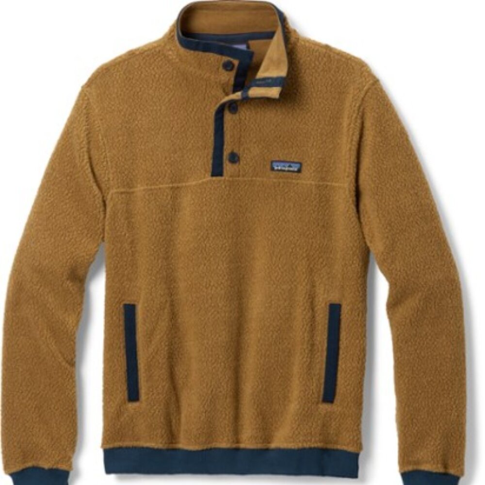 Patagonia Shearling Button Pullover | Tan & Blue | Medium